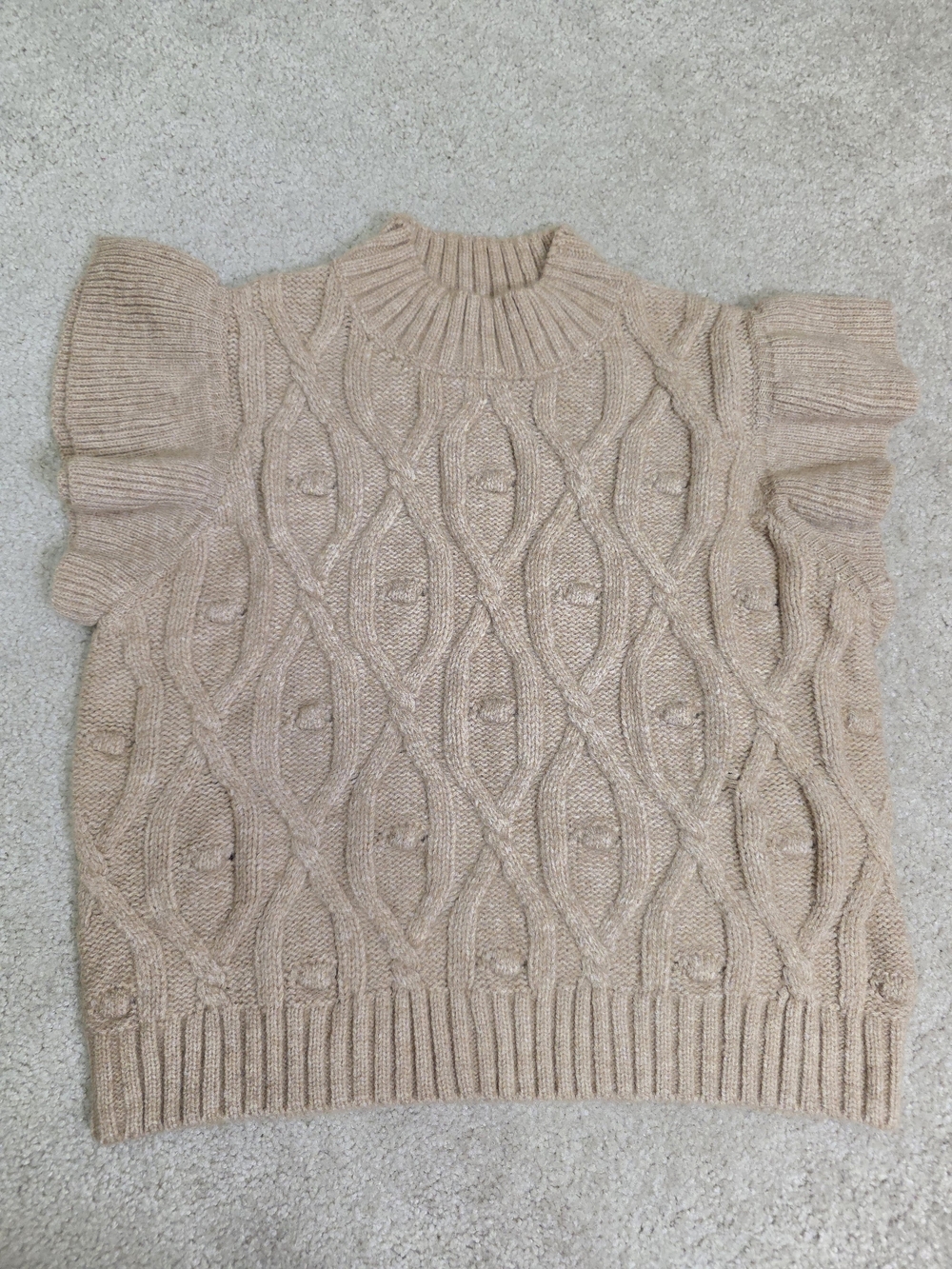 Beige Cable Knit Short Sleeve Turtleneck Sweater - Classic Neutral Size X L